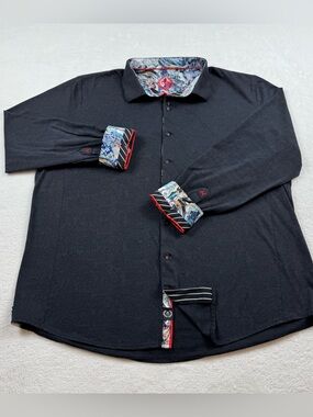 Au Noir shirt men’s Sz 6/2XL black 3-D floral flip cuffs button down mercerized
